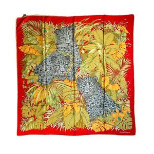 Vintage Salvatore Ferragamo Silk Scarf – Jungle Cubs & Tropical Foliage